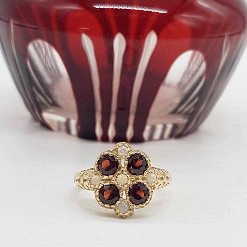 9ct Yellow Gold Stunning Garnet & Solid White Opal Cluster Ring
