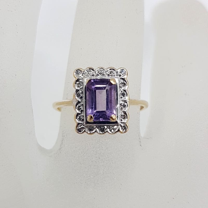 9ct Yellow and White Gold Rectangular Amethyst and Diamond Cluster Ring