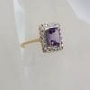 9ct Yellow and White Gold Rectangular Amethyst and Diamond Cluster Ring