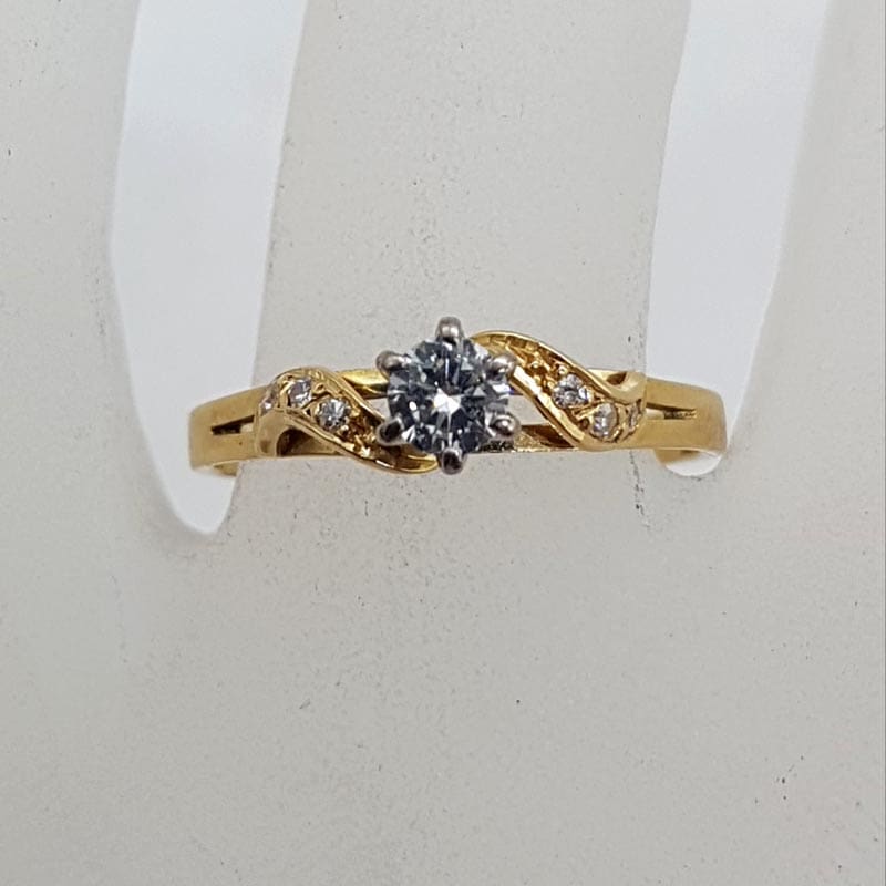18ct Yellow Gold Diamond High Set Solitaire with Twist Wave Diamond Shoulder Design Ring - Engagement Ring / Dress Ring