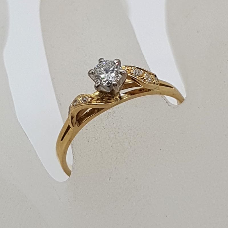 18ct Yellow Gold Diamond High Set Solitaire with Twist Wave Diamond Shoulder Design Ring - Engagement Ring / Dress Ring