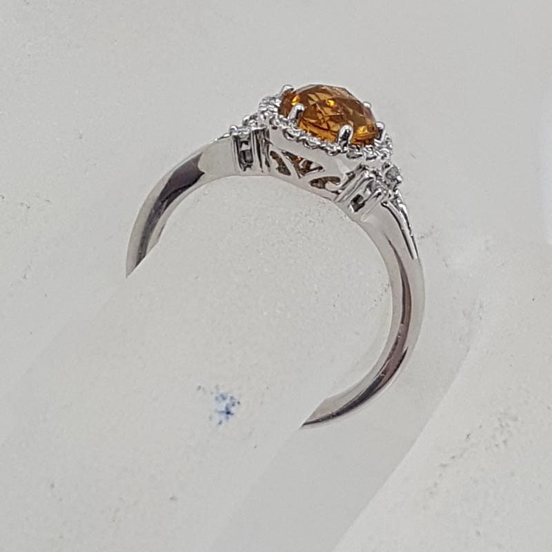 18ct White Gold Round Yellow Citrine with Diamond Surround Cluster Ring - Engagement Ring / Dress Ring