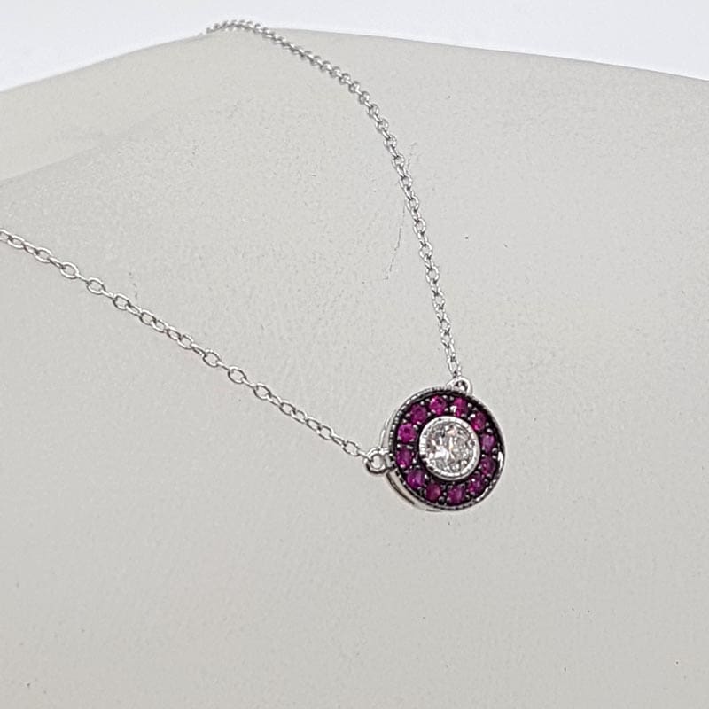 18ct White Gold Channel Set Natural Ruby and Solitaire Diamond Round Collier / Necklace / Chain