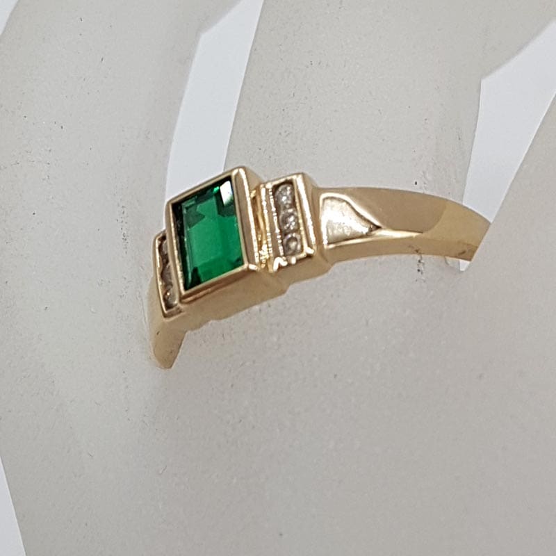9ct Yellow Gold Created Emerald Rectangular with Channel Set Diamonds Ring