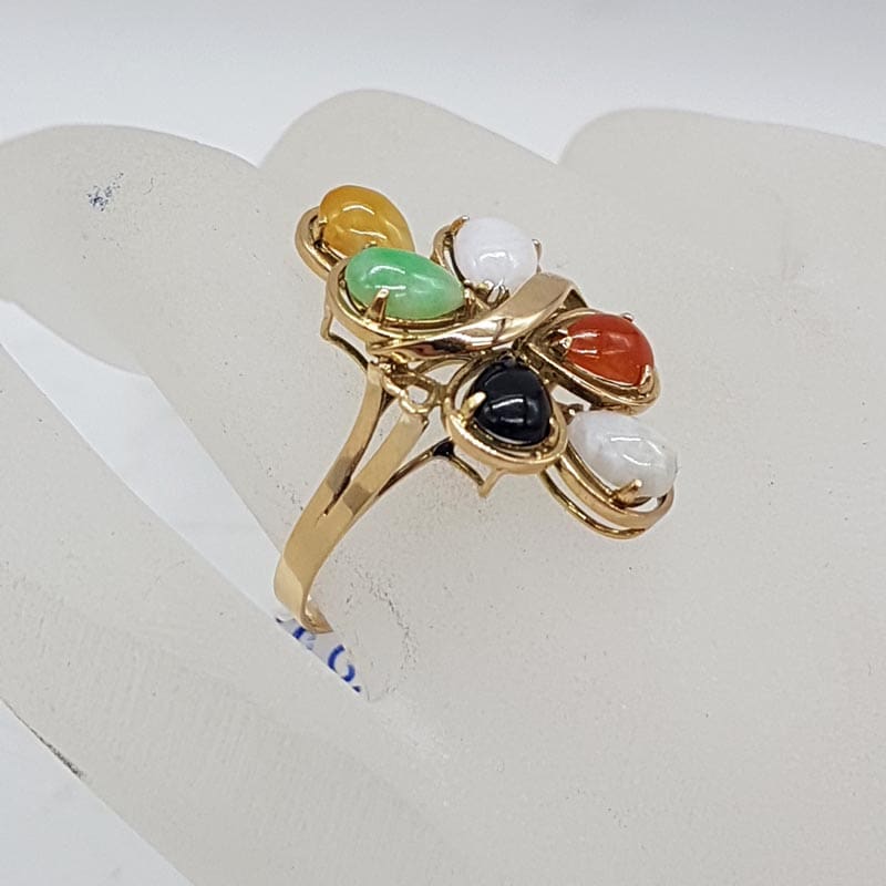 9ct Yellow Gold Large Multi-Coloured Natural Jade Cluster Ring - Antique / Vintage 9ct Yellow Gold Large Multi-Coloured Natural Jade Cluster Ring - Antique / Vintage