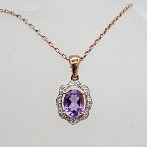 9ct Rose Gold Oval Amethyst and Diamond Pendant on Gold Chain