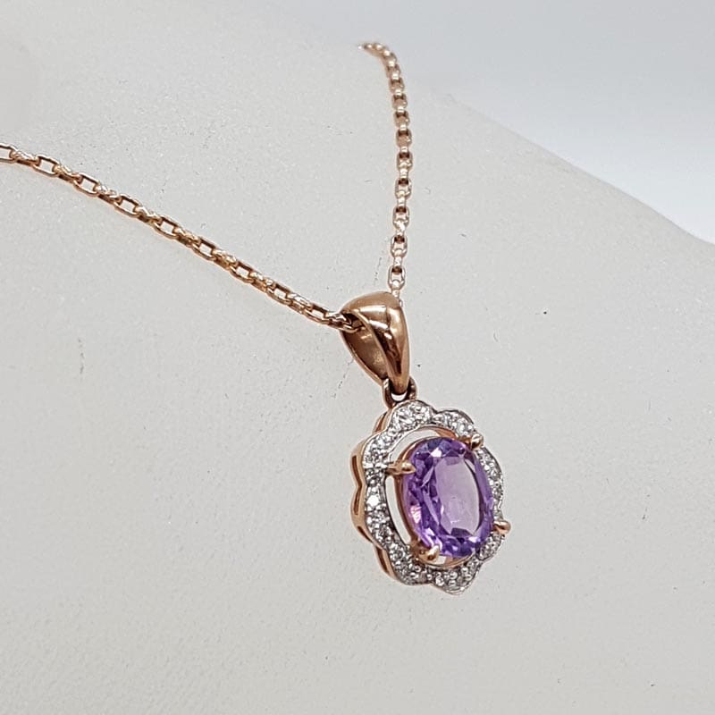 9ct Rose Gold Oval Amethyst and Diamond Pendant on Gold Chain