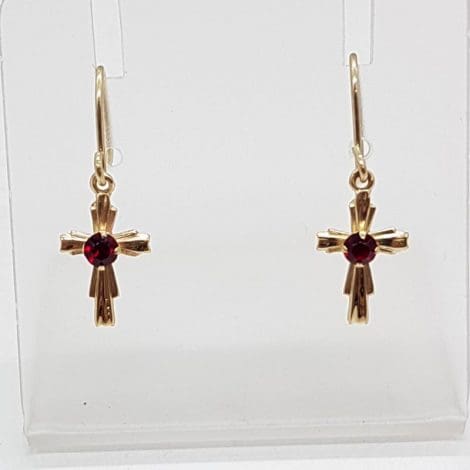 9ct Yellow Gold Garnet Cross / Crucifix Drop Earrings - Antique / Vintage