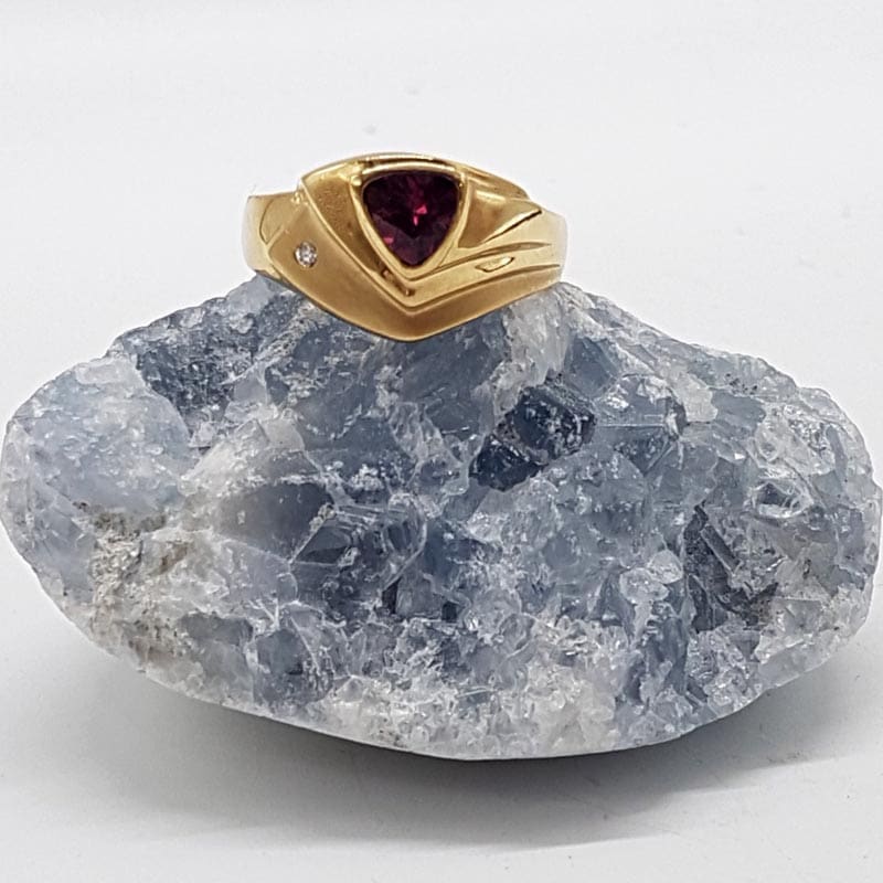 9ct Yellow Gold Rhodolite Garnet and Diamond Wide Triangular Shape Ring