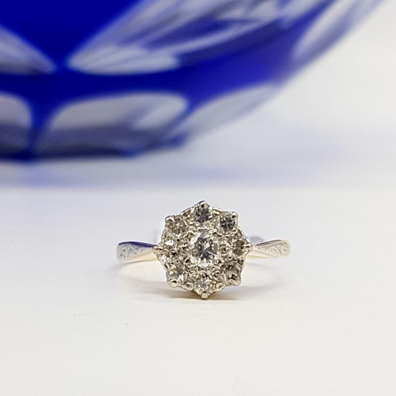 18ct Yellow Gold with Platinum Diamond Daisy Flower Cluster Ring - Antique / Vintage - Engagement Ring / Dress Ring