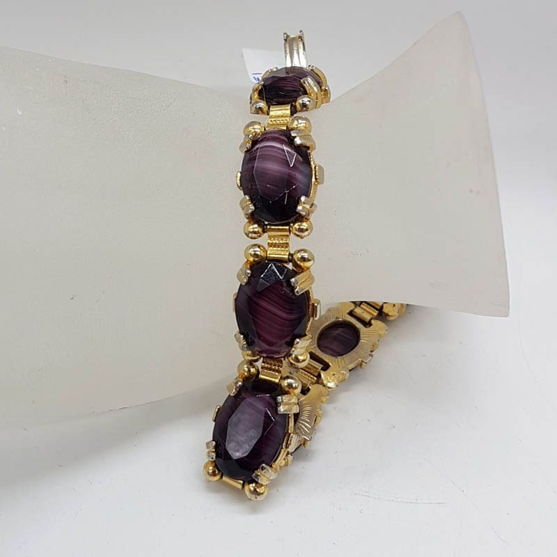 Plated Oval Purple Coloured Stones Bracelet - Vintage Costume Jewellery