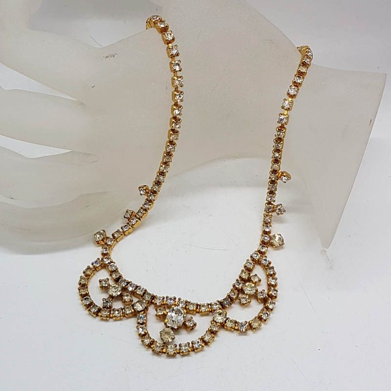 Plated Rhinestone / Diamonte Necklace with Looped Design - Vintage Costume Jewellery