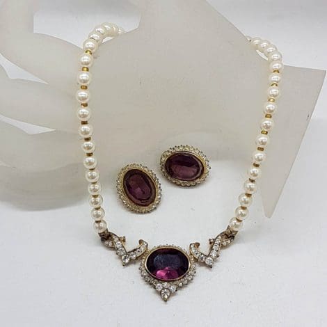 Plated Ornate Faux Pearl with Purple Ornate Design Necklace with Matching Oval Earrings Set - Vintage Costume Jewellery