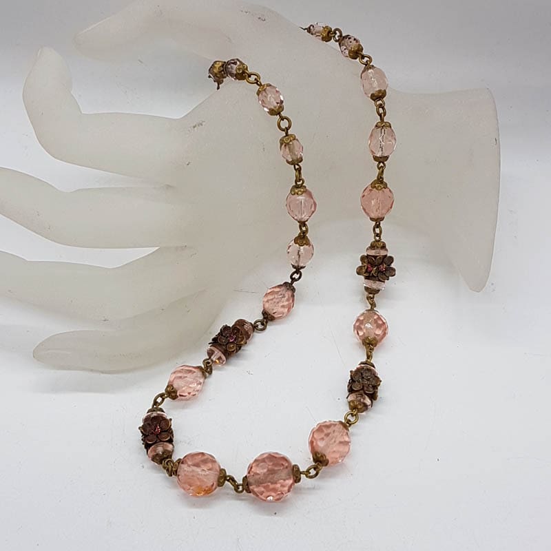 Plated Pink & Purple Glass Bead Necklace - Vintage Costume Jewellery