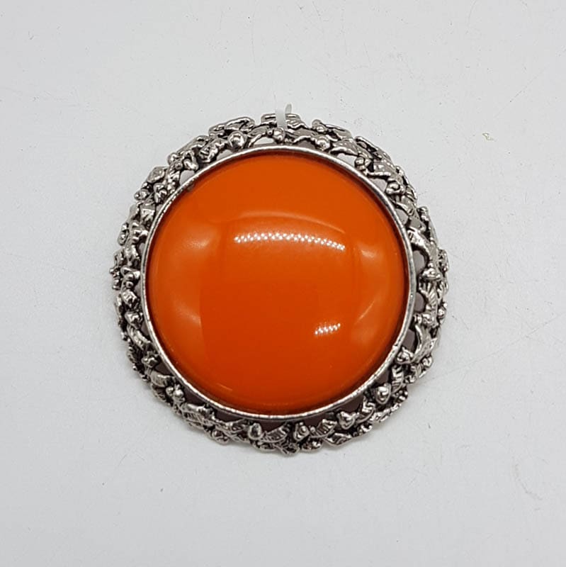Plated Large Round Orange Brooch with Ornate Rim - Vintage Costume Jewellery