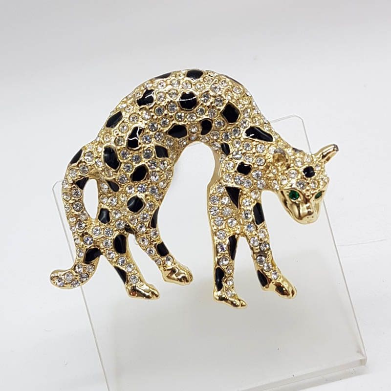Plated Rhinestone / Diamonte Leopard / Big Cat / Panther Brooch - Vintage Costume Jewellery