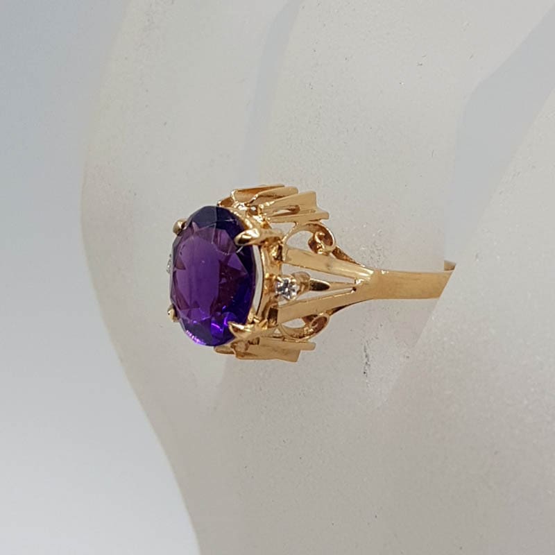 14ct Yellow Gold Oval Amethyst Set in Basket with Diamonds Ring - Antique / Vintage
