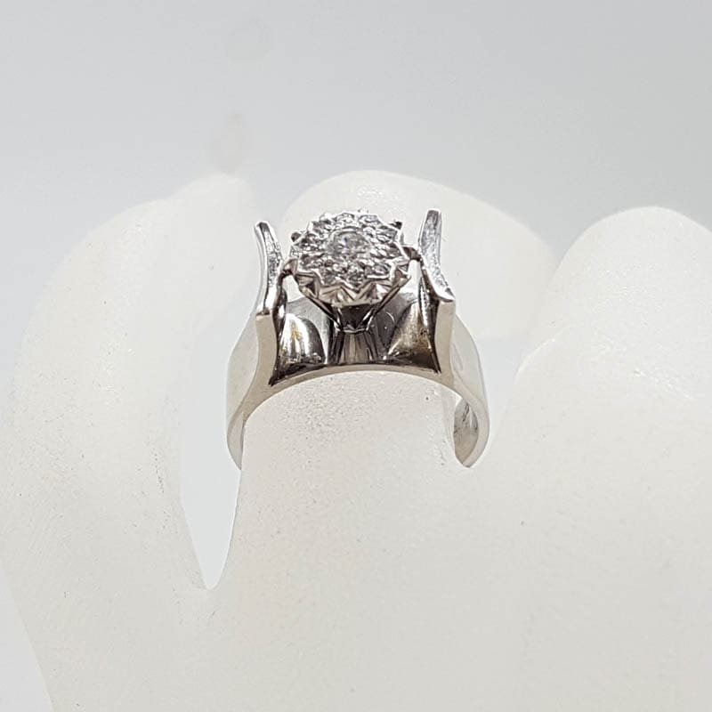 18ct White Gold High Set Wide Round Diamond Cluster Ring - Engagement Ring / Dress Ring - Vintage / Antique