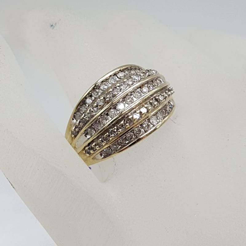 9ct Yellow Gold Wide Diamond Band Ring with Channel Set and Claw Set Diamonds - 5 Row