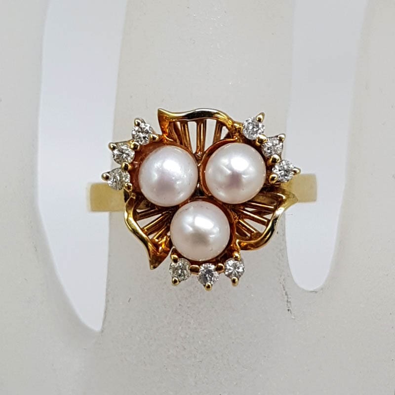 18ct Yellow Gold Cultured Pearl and Diamond Cluster Ring - Antique / Vintage