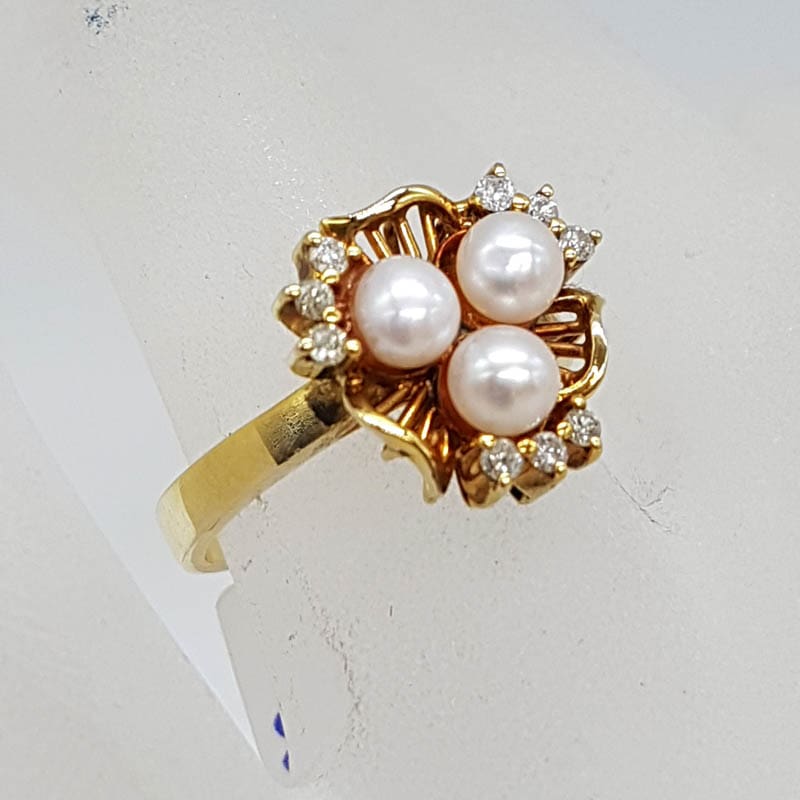 18ct Yellow Gold Cultured Pearl and Diamond Cluster Ring - Antique / Vintage