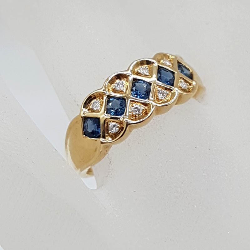 18ct Yellow Gold Wide Natural Sapphire and Diamond Checkerboard Pattern Band Ring