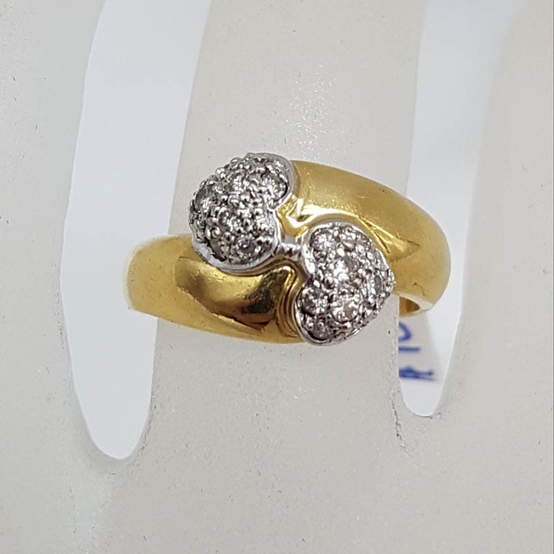 18ct Yellow Gold 2 Entwined Diamond Cluster Hearts Ring - Vintage