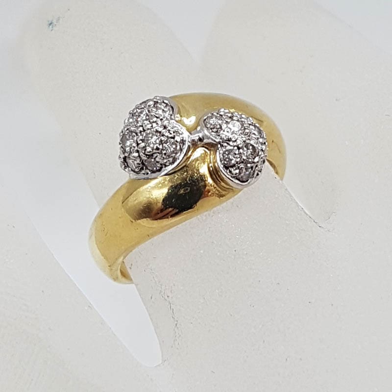 18ct Yellow Gold 2 Entwined Diamond Cluster Hearts Ring - Vintage