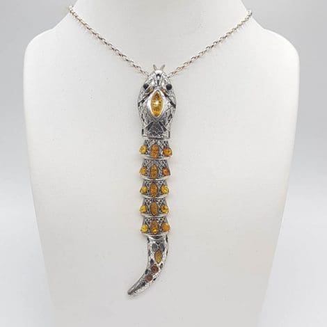 Sterling Silver Natural Baltic Amber Multi-Coloured Long Jointed Snake Pendant on Silver Chain - Green