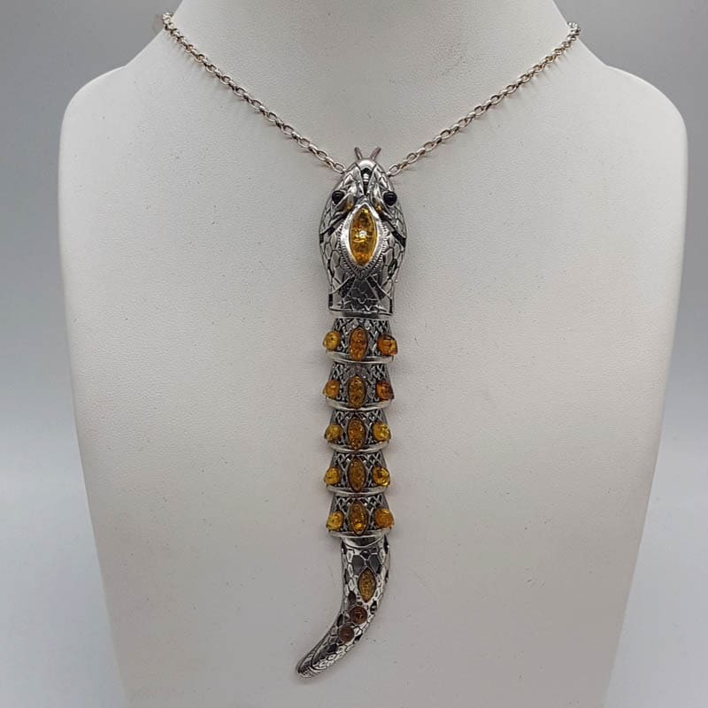 Sterling Silver Natural Baltic Amber Multi-Coloured Long Jointed Snake Pendant on Silver Chain - Green
