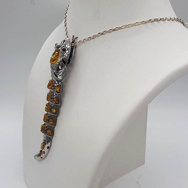Sterling Silver Natural Baltic Amber Multi-Coloured Long Jointed Snake Pendant on Silver Chain - Green