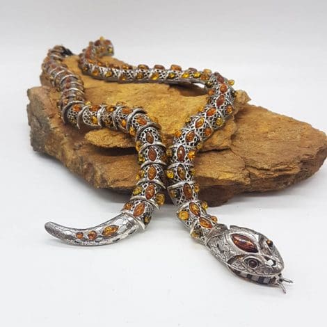 Sterling Silver Natural Baltic Amber Ornate Filigree Design Jointed Very Large and Unique Multi-Colour Snake Necklace / Collier / Chain