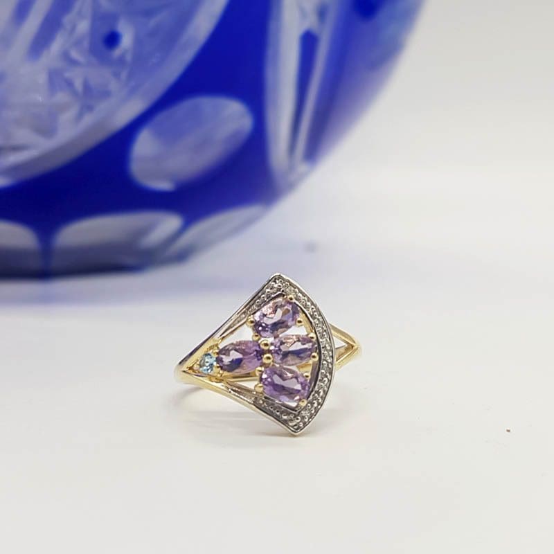 9ct Yellow Gold Amethyst, Topaz and Diamond Fan Shaped Cluster Ring