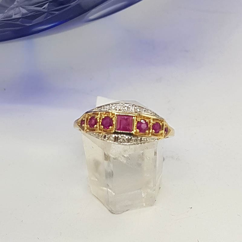 9ct Yellow Gold Natural Ruby & Diamond Bridge Set / Eternity Art Deco Style Ring