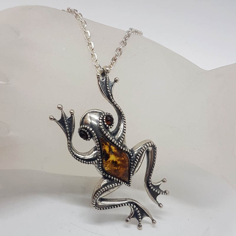 Sterling Silver Natural Baltic Amber Large Leaping Frog Pendant on Silver Chain - Brown