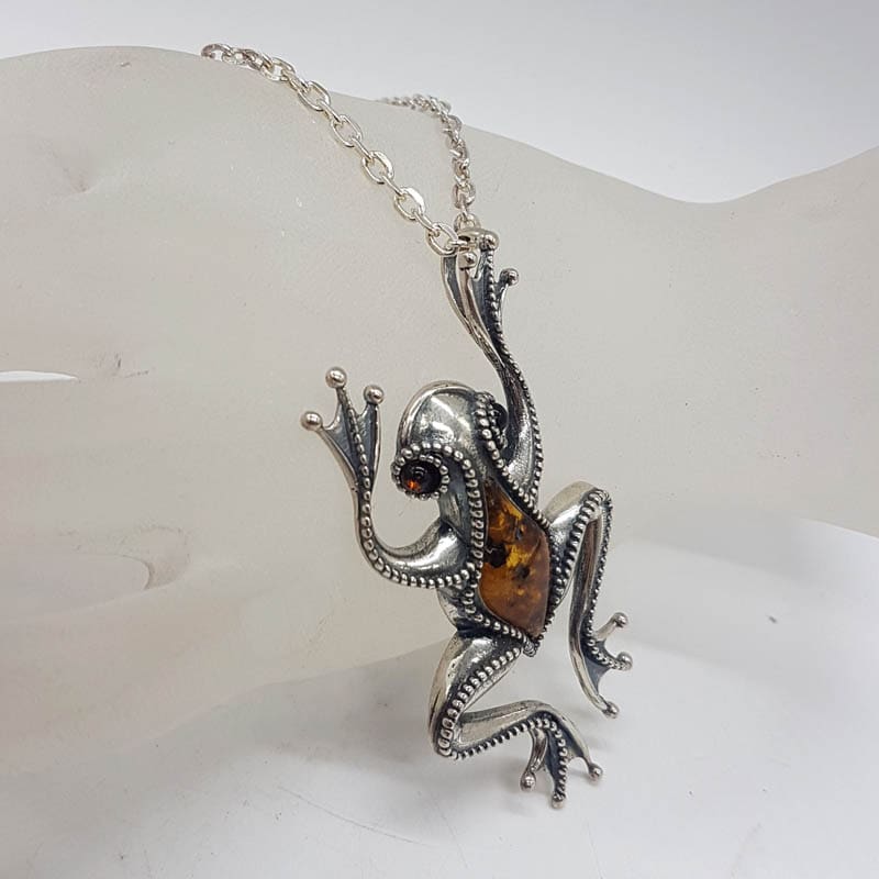 Sterling Silver Natural Baltic Amber Large Leaping Frog Pendant on Silver Chain - Brown