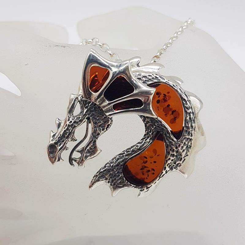 Sterling Silver Natural Baltic Amber Large Dragon Pendant on Silver Chain