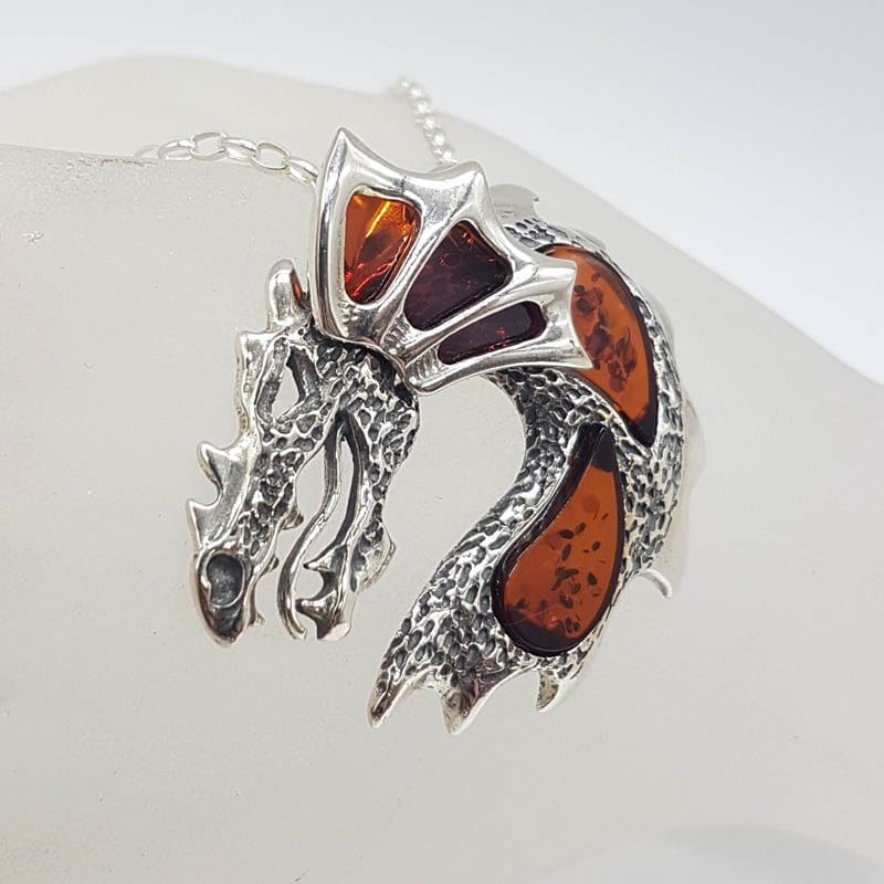 Sterling Silver Natural Baltic Amber Large Dragon Pendant on Silver Chain