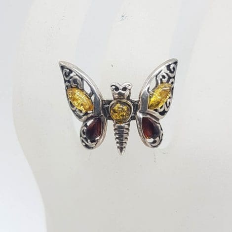 Sterling Silver Natural Baltic Amber Ornate Filigree Design Jointed Butterfly Ring - Large - Butter Amber and Brown Amber