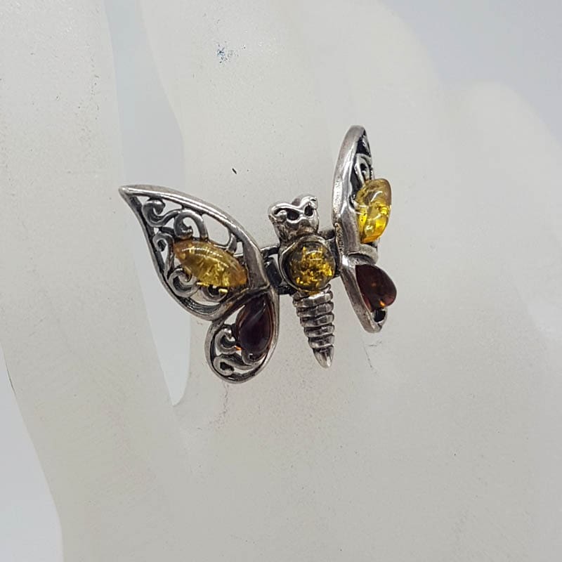 Sterling Silver Natural Baltic Amber Ornate Filigree Design Jointed Butterfly Ring - Large - Butter Amber and Brown Amber