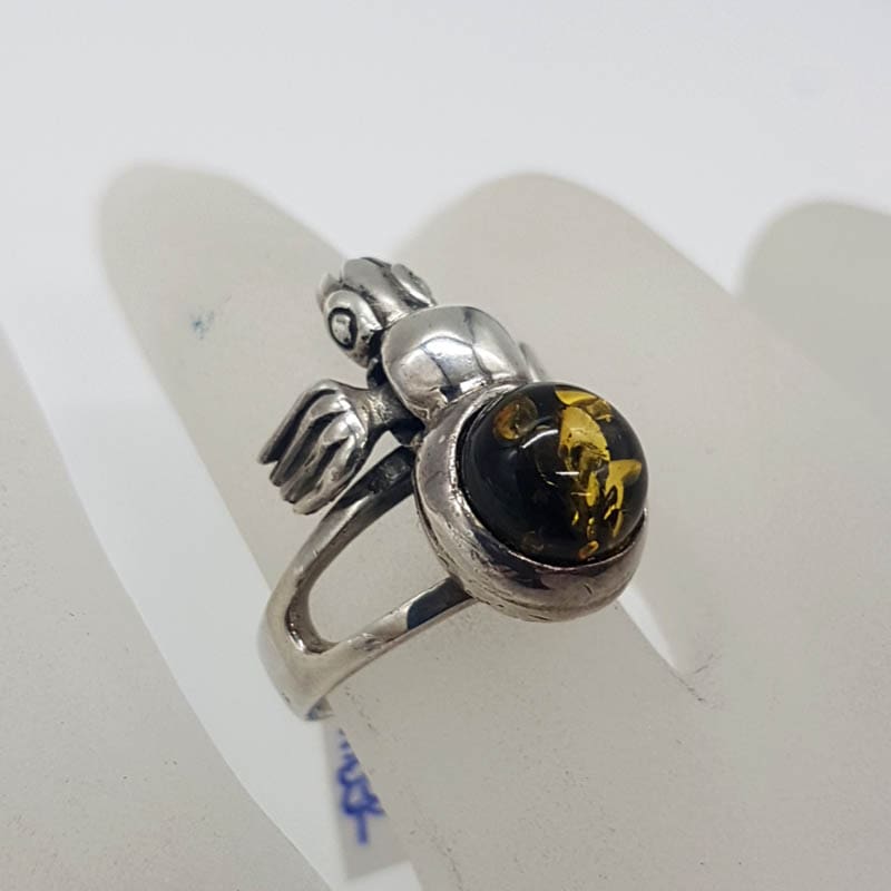 Sterling Silver Natural Baltic Amber Bug / Insect / Beetle Jointed Ring - Green
