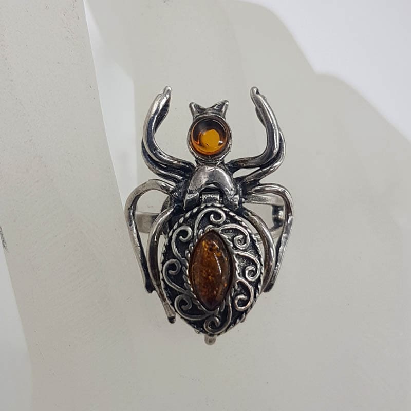 Sterling Silver Natural Baltic Amber Large Ornate Spider Ring with Pillbox - Poison Ring / Pill Box Ring / Locket Ring