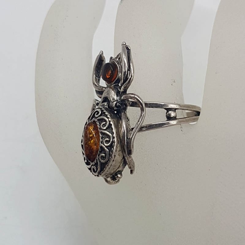 Sterling Silver Natural Baltic Amber Large Ornate Spider Ring with Pillbox - Poison Ring / Pill Box Ring / Locket Ring