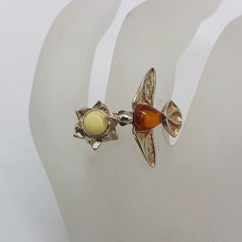 Sterling Silver Natural Baltic Amber Brown and Butter Amber Hummingbird / Bird on Nest Ring