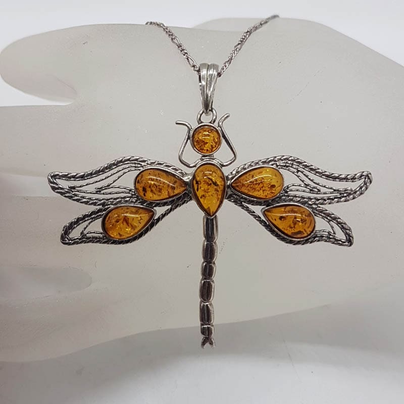 Sterling Silver Natural Baltic Amber Large Open Design Dragonfly Pendant on Silver Chain
