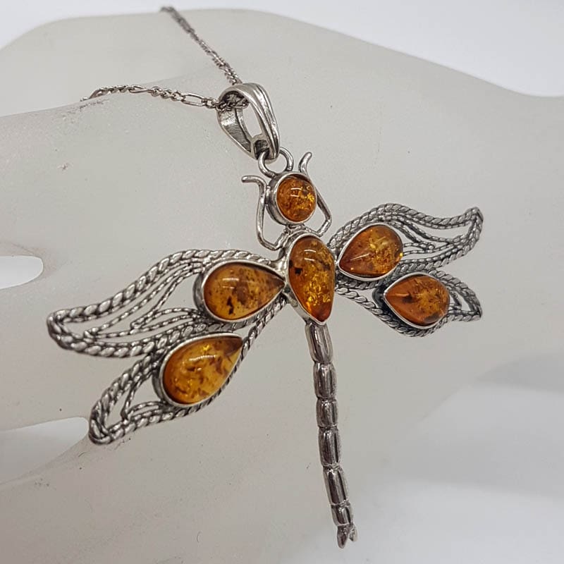 Sterling Silver Natural Baltic Amber Large Open Design Dragonfly Pendant on Silver Chain