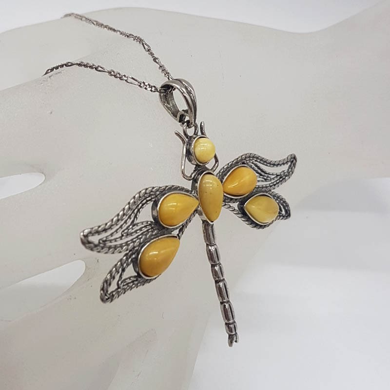 Sterling Silver Natural Baltic Butter Amber Large Open Design Dragonfly Pendant on Silver Chain