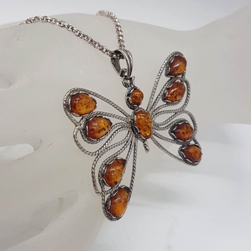 Sterling Silver Natural Baltic Amber Large Open Design Butterfly Pendant on Silver Chain