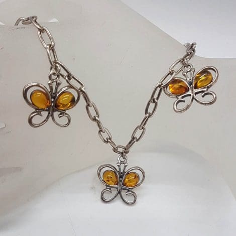 Sterling Silver Natural Baltic Amber Open Design Butterfly Necklace / Chain