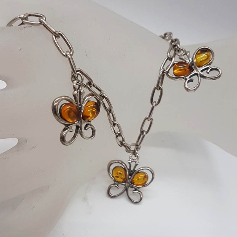 Sterling Silver Natural Baltic Amber Open Design Butterfly Necklace / Chain